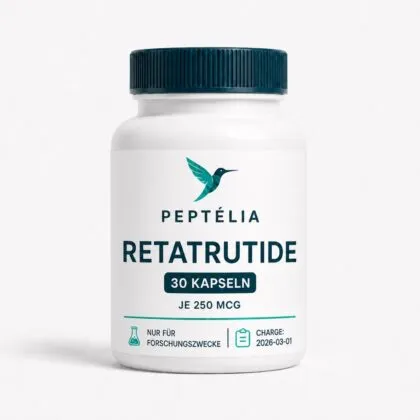 Peptélia Retatrutide 30 Kapseln, weiße Dose auf weißem Hintergrund