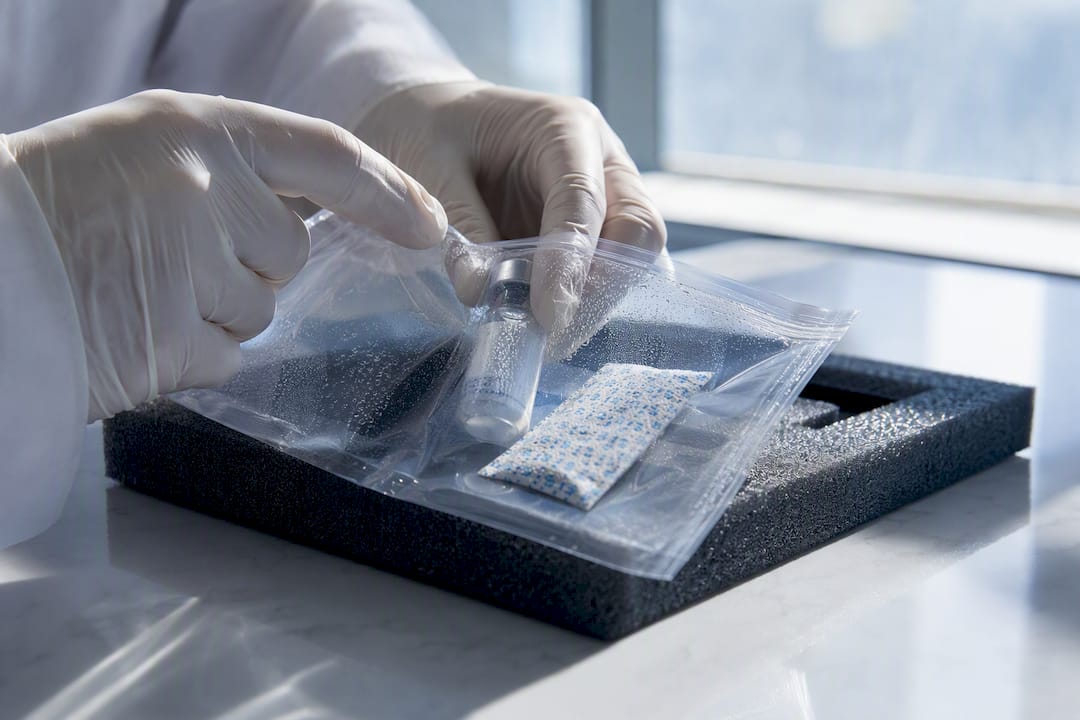 Sealed vial bag with desiccant packet