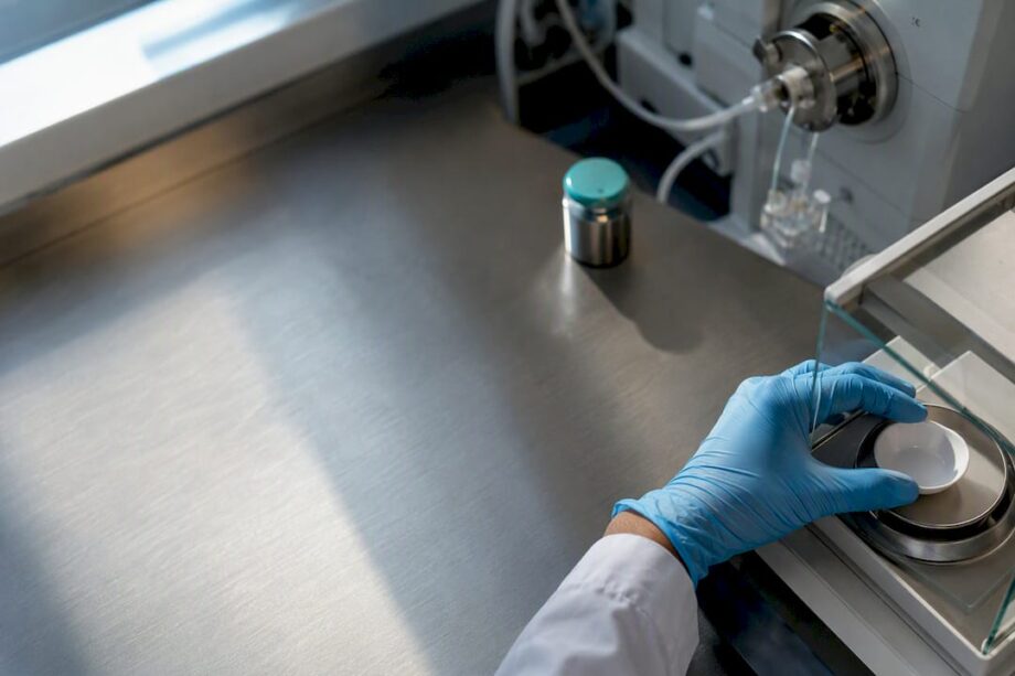 Analytical balance measuring peptide sample
