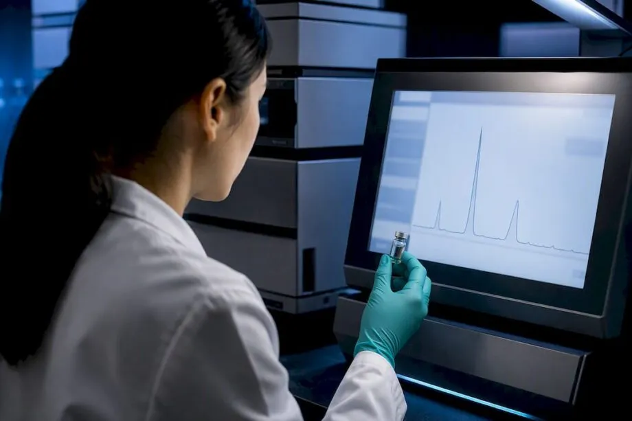 Analyst reviewing peptide chromatogram peaks