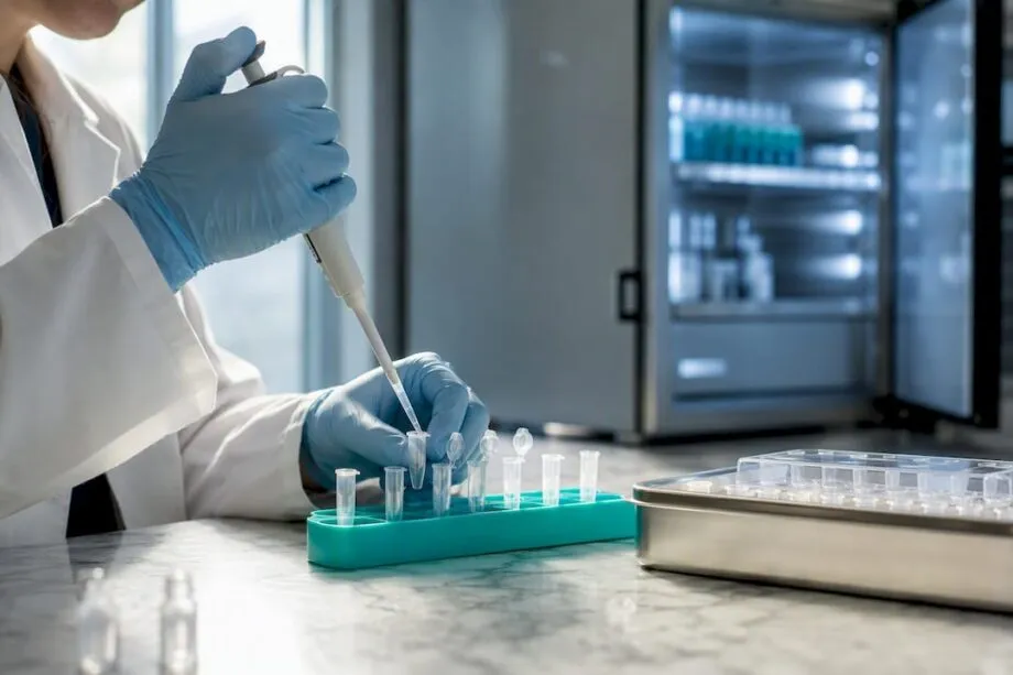 Technician preparing peptide stability samples
