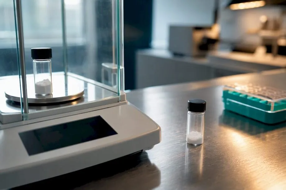 Anonymous peptide vial beside analytical balance